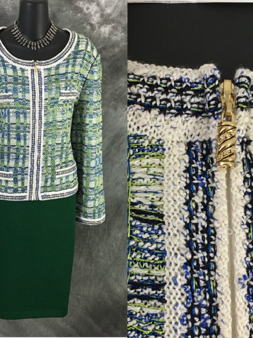 BEAUTIFUL st john collection knit green blue multi jacket skirt suit size 16
